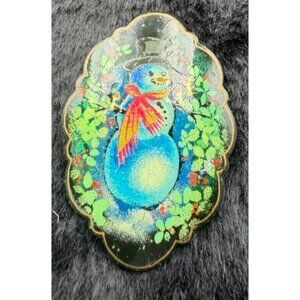 Vintage Signed Russian Folk Art Snowman Christmas Black Lacquer Brooch